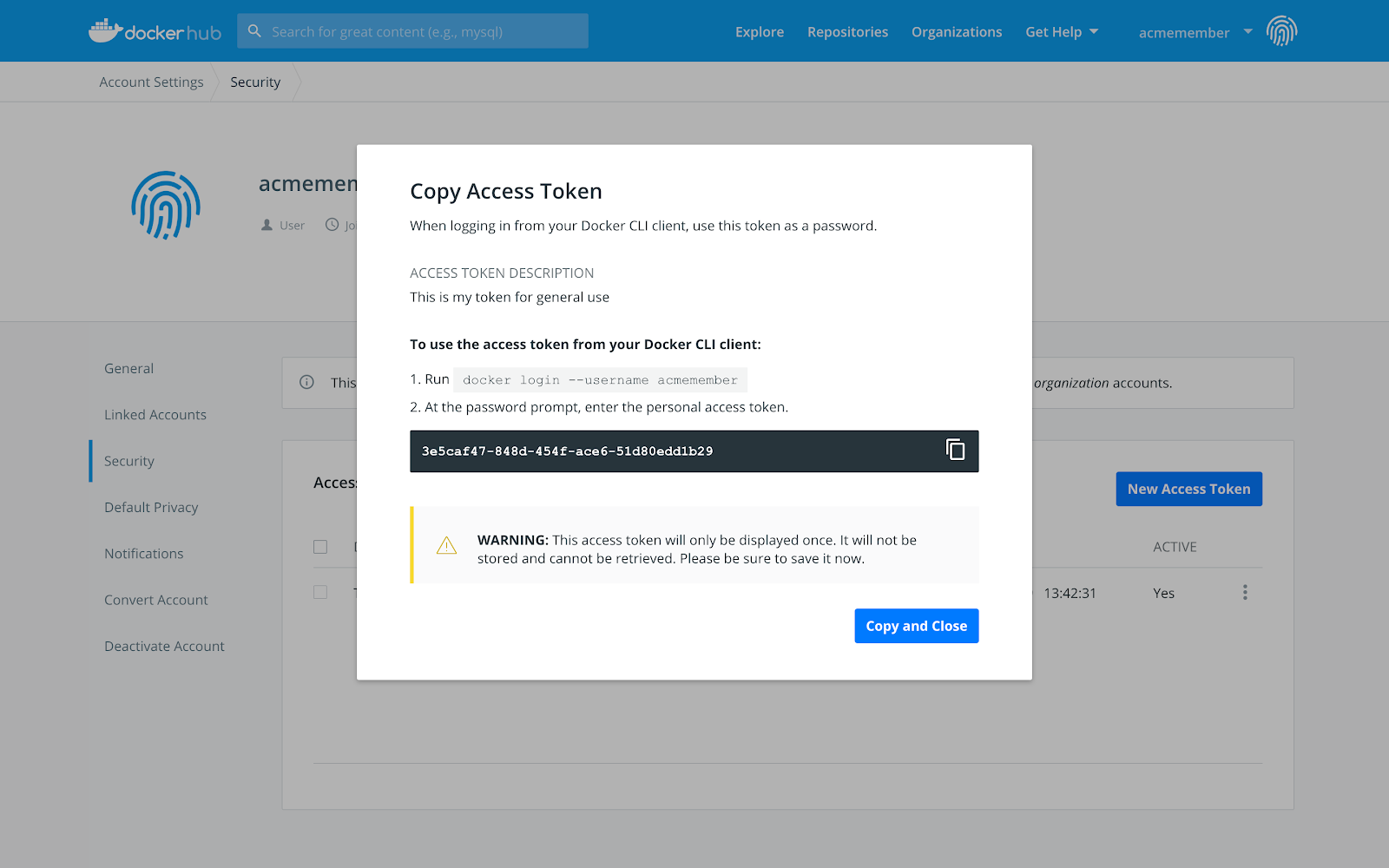 The creating an access token screen in Docker Hub.