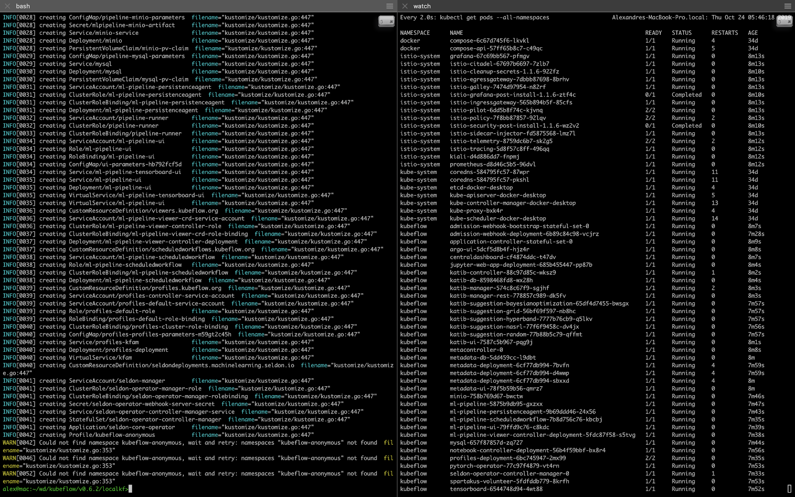 The deployment output and Kubeflow pods when running in Docker Desktop.