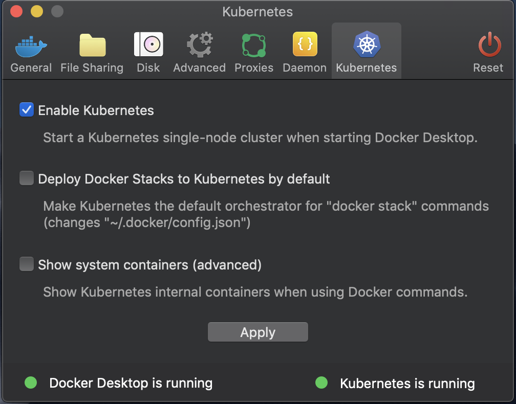 Enabling Kubernetes in Docker Desktop by selecting it under settings.