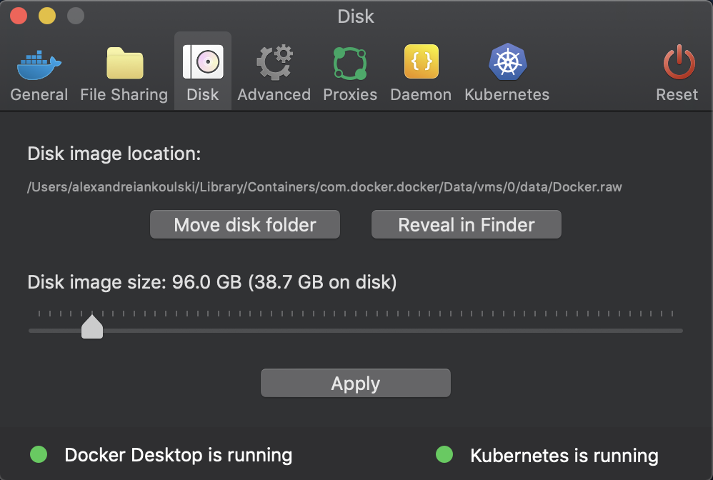 Configuring the disk image size in Docker Desktop.