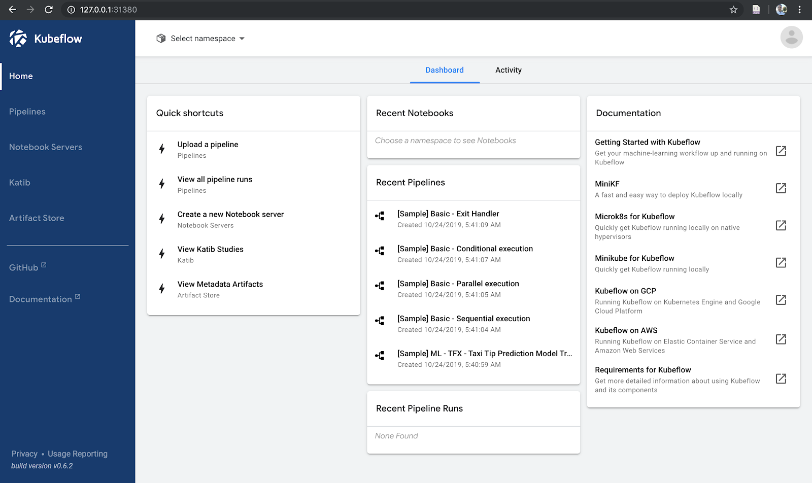 The Kubeflow central dashboard.