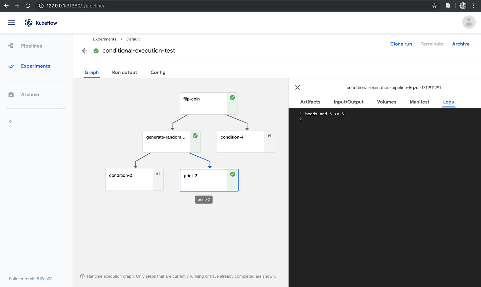 The Kubeflow Conditional execution pipeline run.