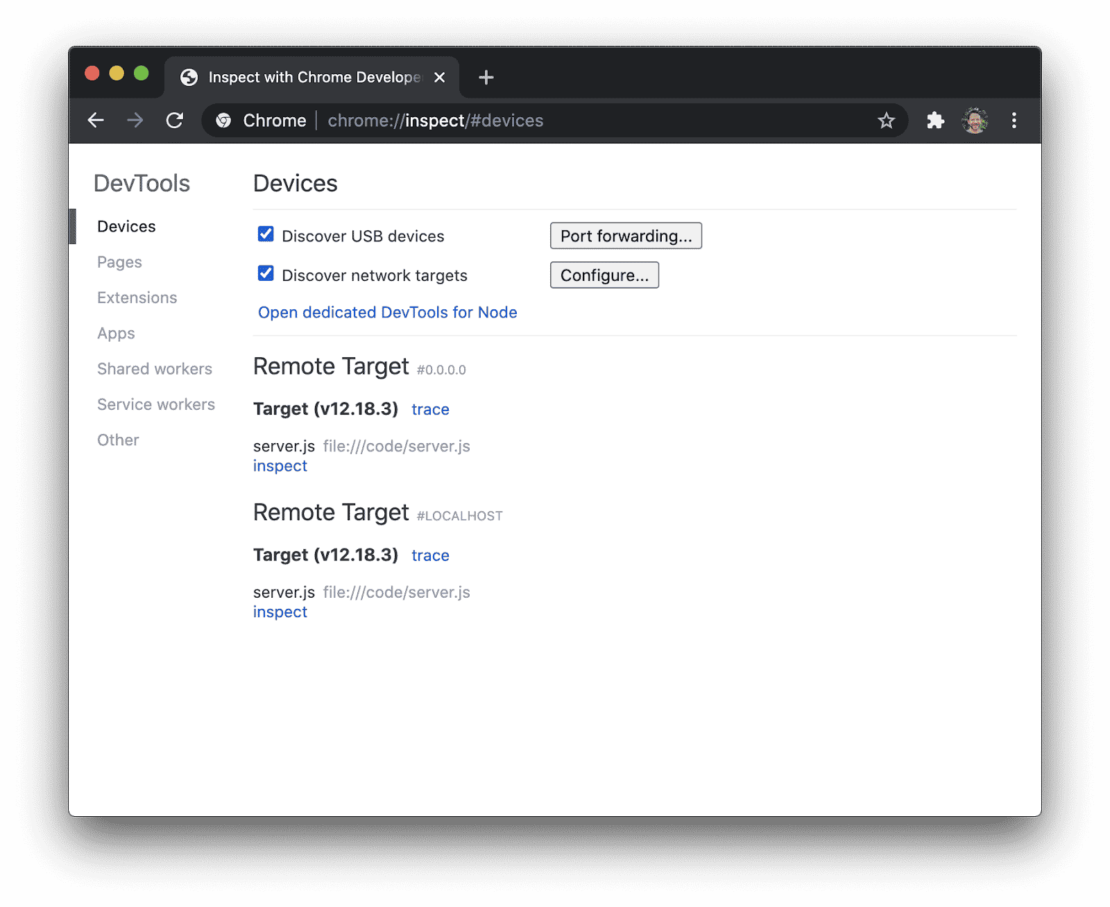 The DevTools function on the Chrome browser, showing a list of devices and remote targets.