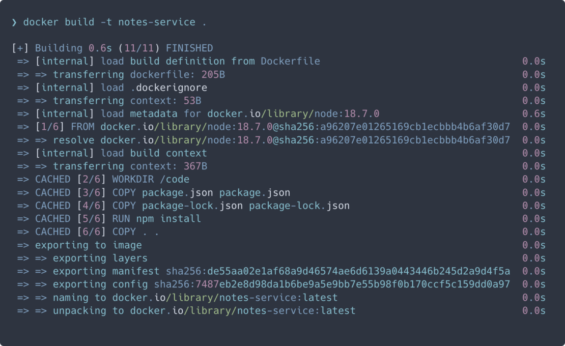 Docker build terminal output located in the notes-service directory. 