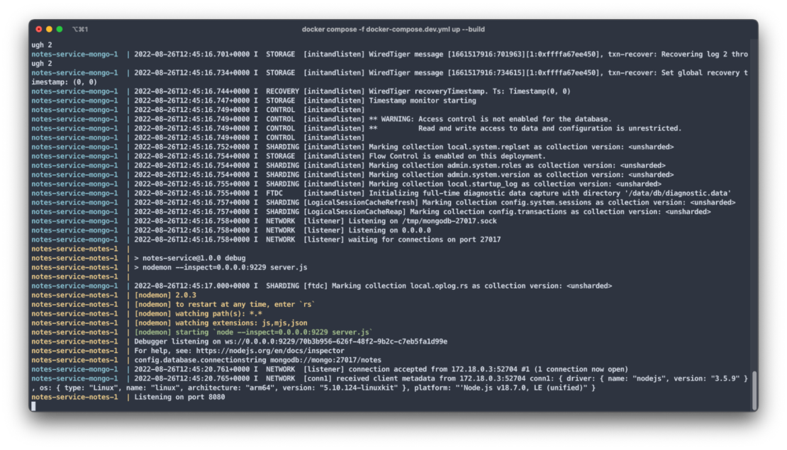 Docker compose terminal ouput showing logs from the notes and mongo services. 