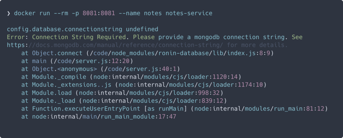 Docker run terminal output located in the notes-service directory. 