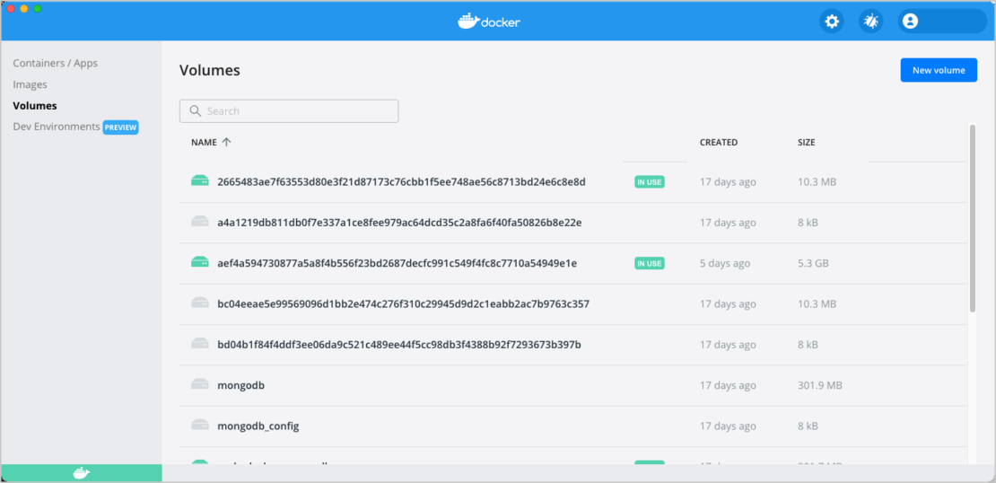 Docker Dashboard Volumes List