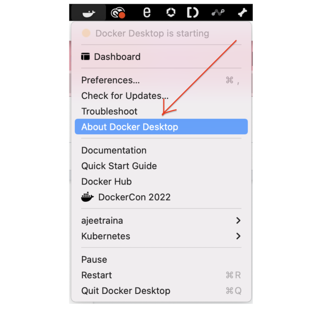 about docker desktop pull down menu