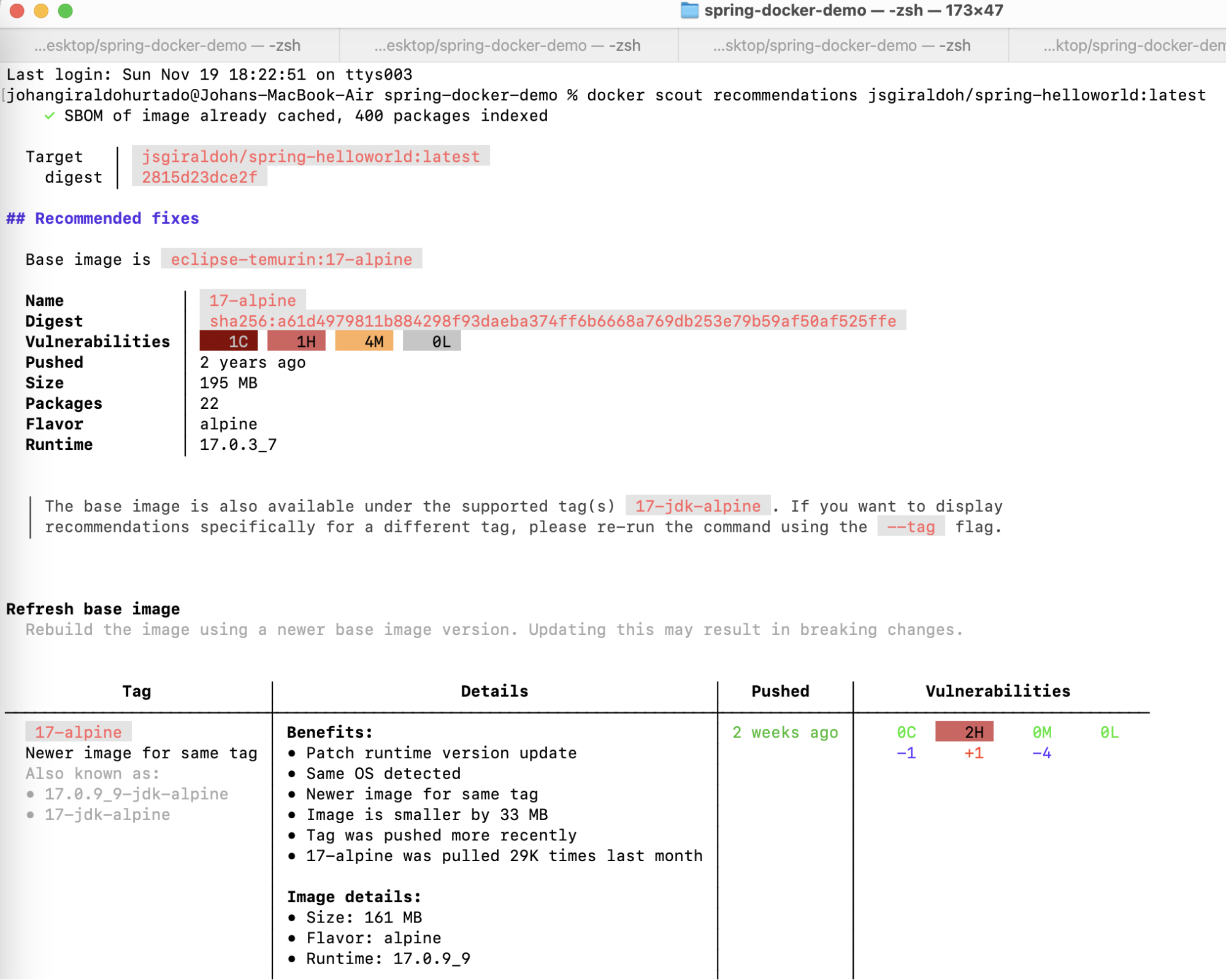 Screenshot of Docker Scout showing Recommended Fixes for vulnerabilities in analyzed image.