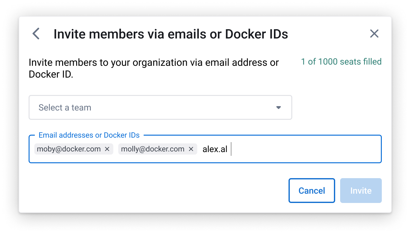 How to invite members via email or Docker ID