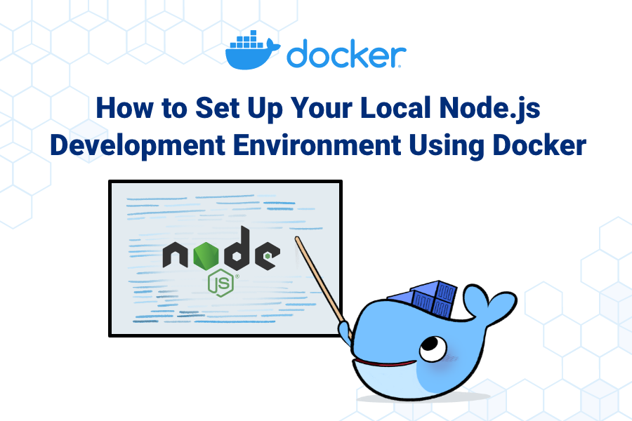 Docker's Moby Dock whale pointing to whiteboard with Node.js logo.