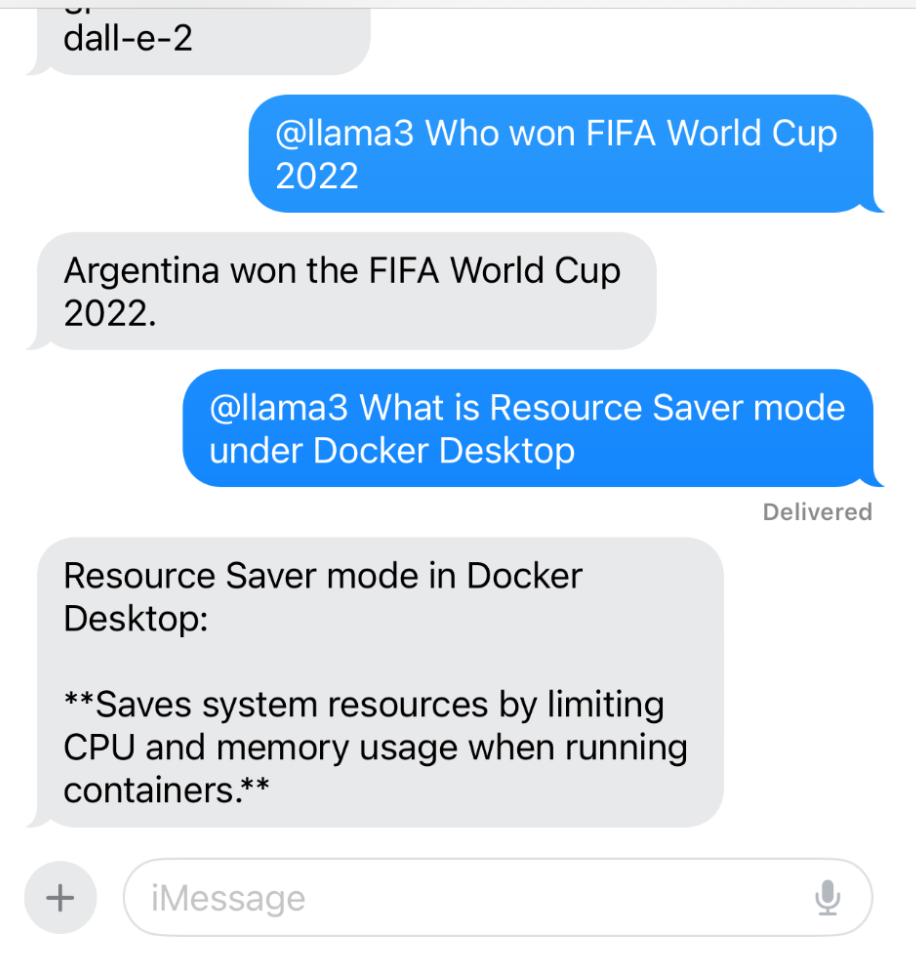 iMessage image showing sample questions sent to test functionality, such as "Who won the FIFA World Cup 2022?".