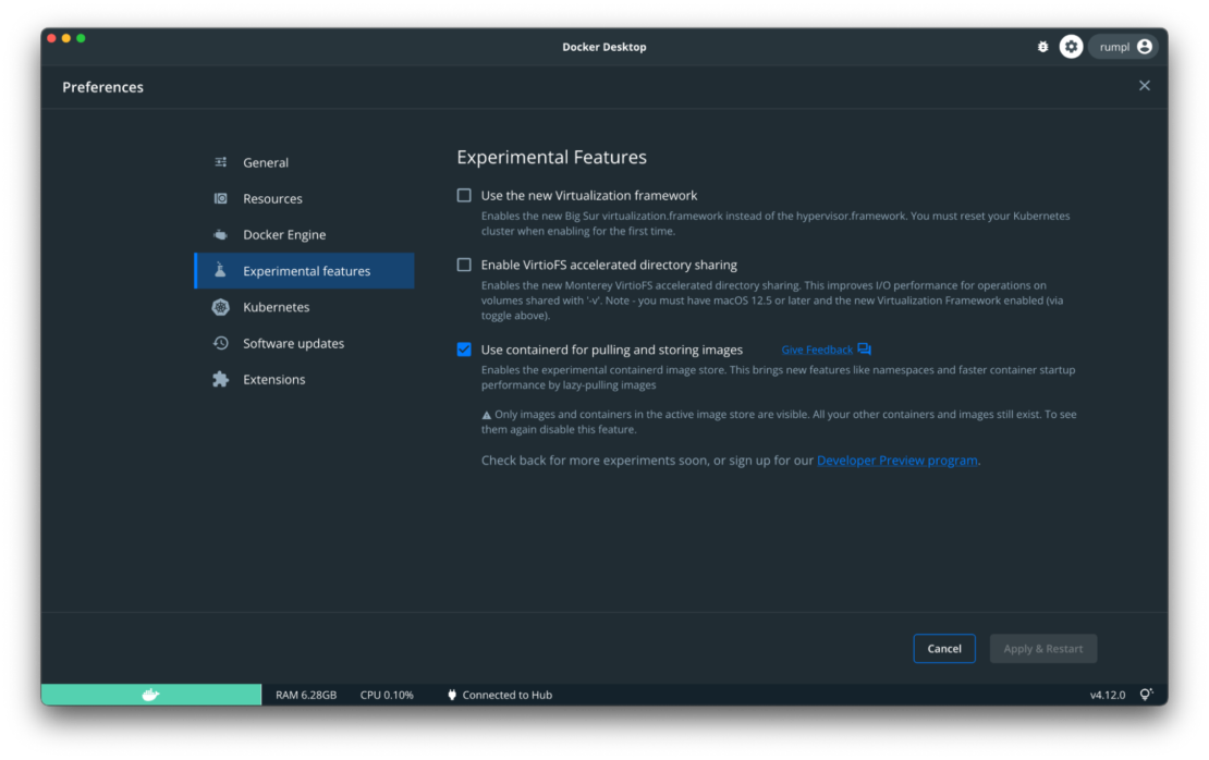 The Docker Desktop Experimental Features settings with the option for using containerd for pulling and storing images enabled.