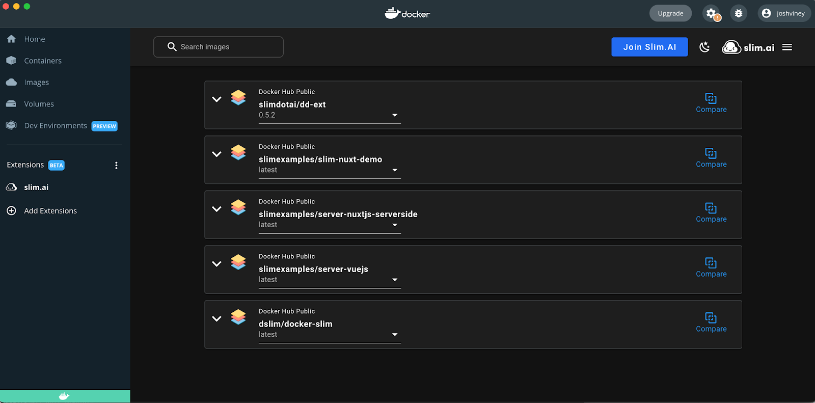 This image is a screenshot of the Docker Desktop app using the Slim.AI extension.
