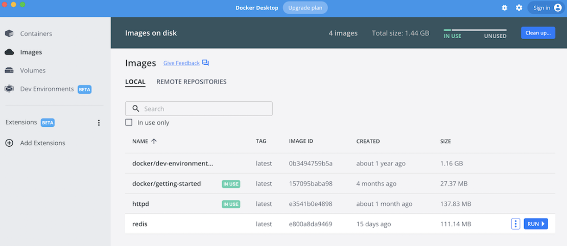 Docker Desktop list of local images on disk, including the Redis official Docker image.