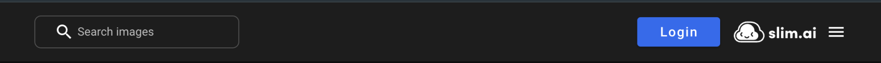 This image is a screenshot of the Docker Desktop top navigation using Slim.AI, including a search bar, login button, and hamburger menu. 
