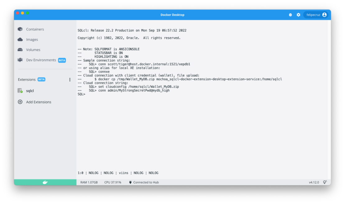 docker extension oracle sqlcl client tool