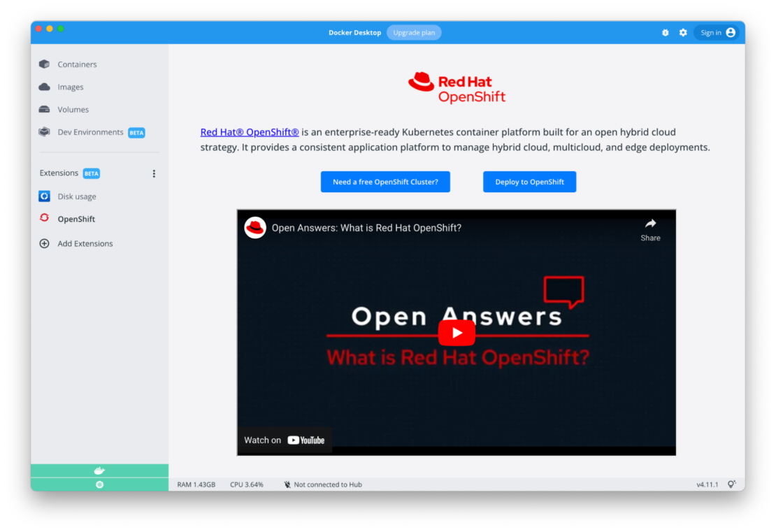 Red Hat OpenShift Extension inside Docker Desktop.