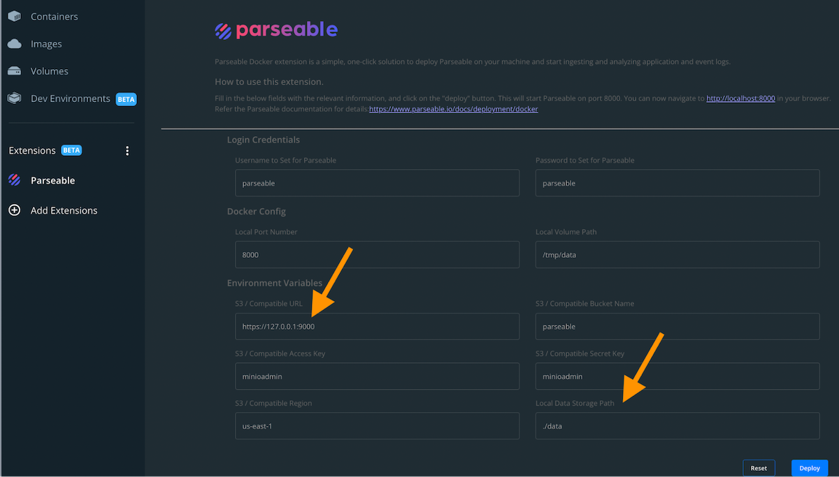 The Docker Desktop Parseable user interface displaying the required environment variables. 