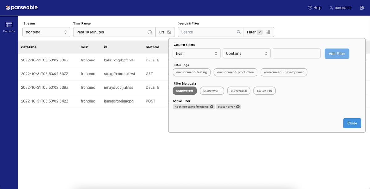 The Parseable stream log with detailed column filters. 