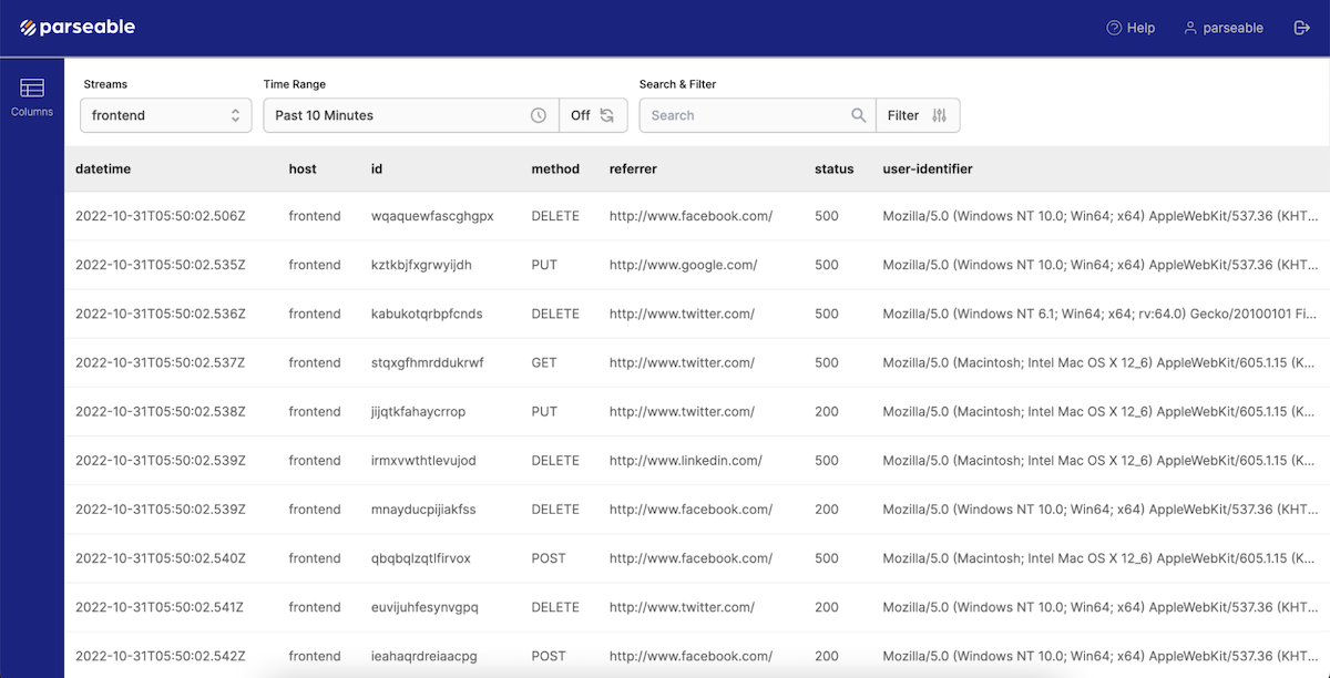 The Parseable log stream offering filter, time range, and stream options. 