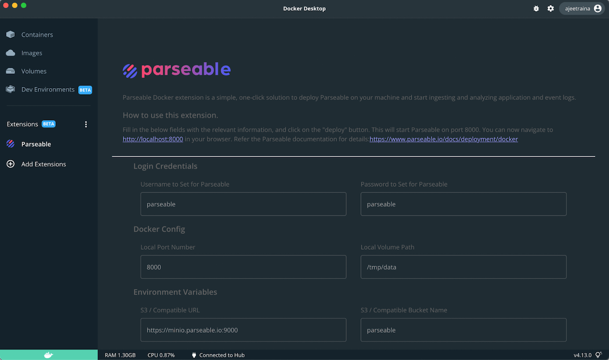 Docker Desktop Parseable extension page detailing login credentials and how to use the extension. 