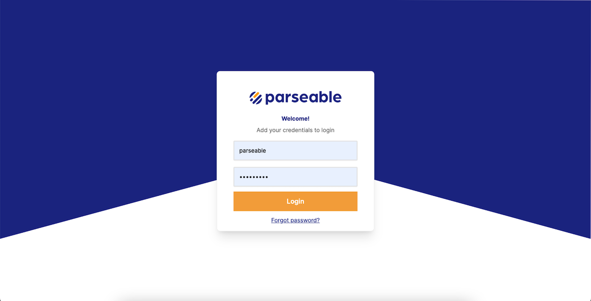 The Parseable login page prompting the user to add their credentials. 