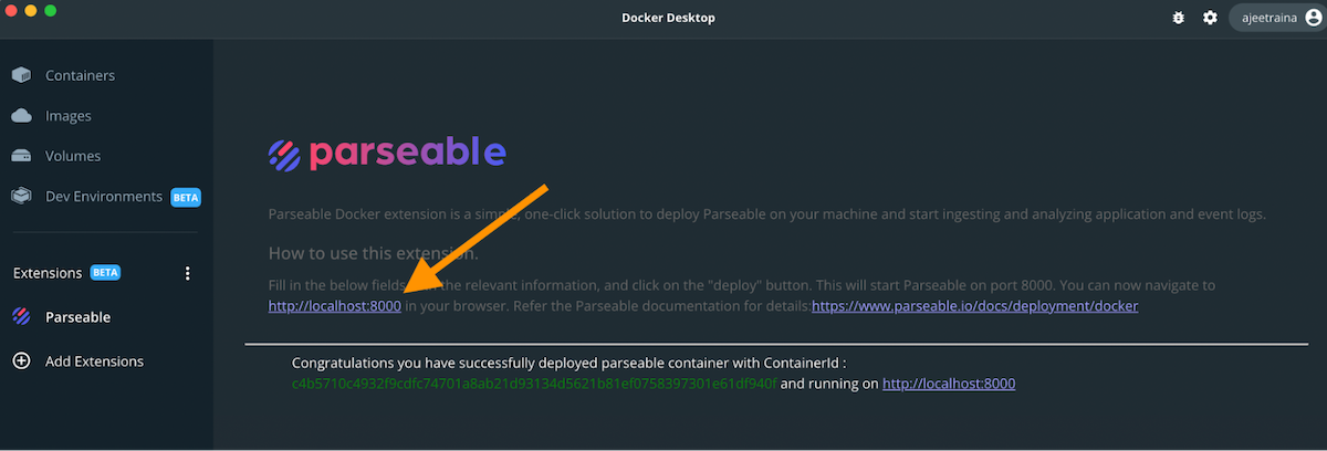 Docker Desktop displaying the successful deployment of the Parseable container.