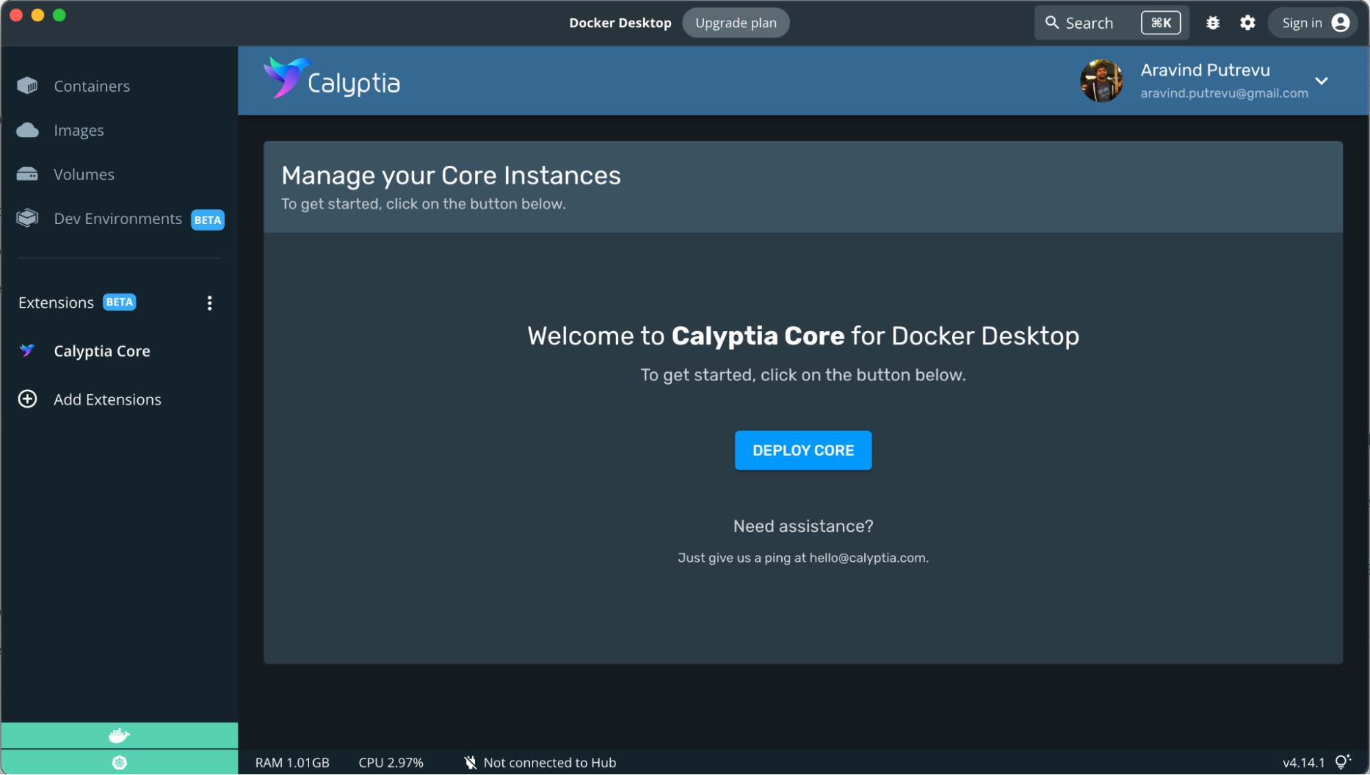 Calyptia Core Docker Extension welcome page.