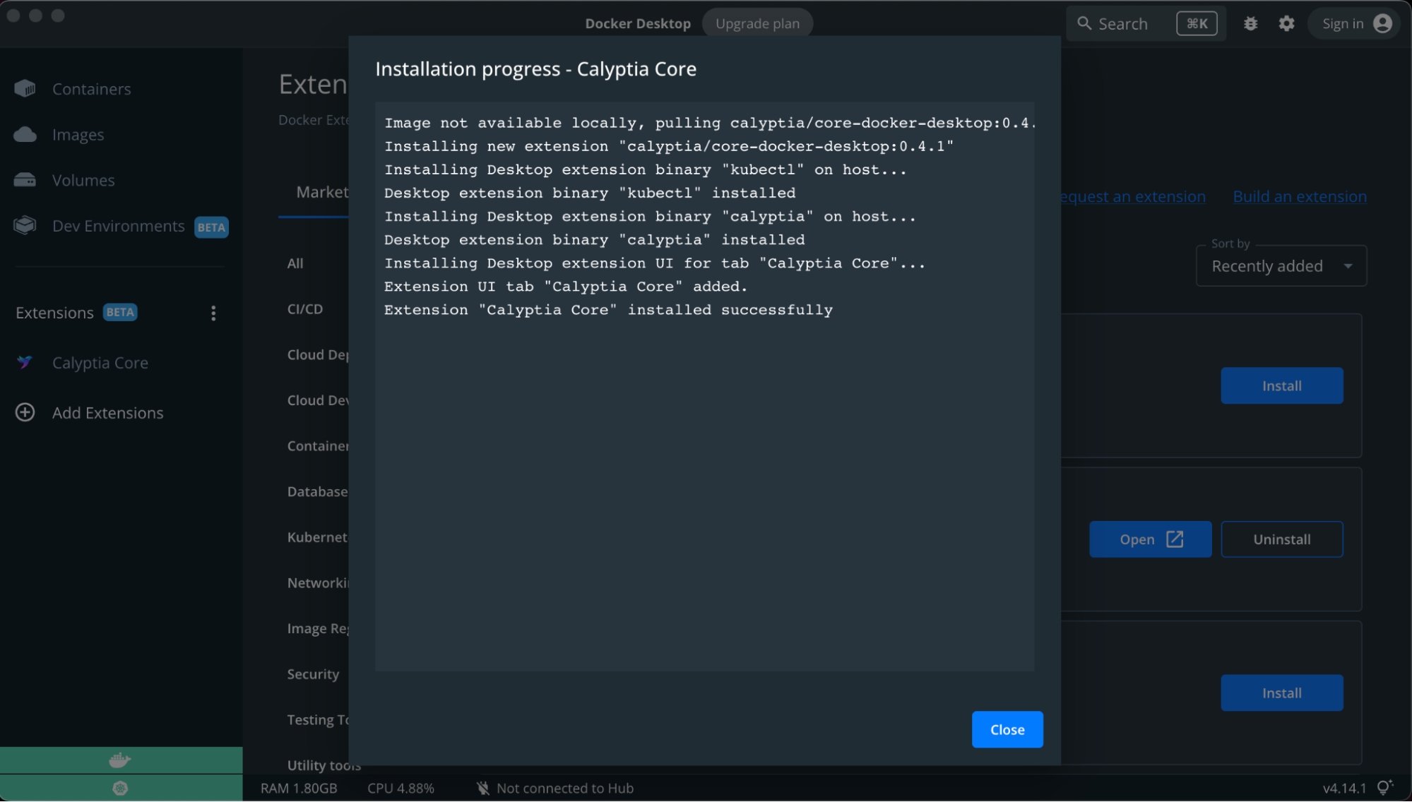 Installing the Calyptia Core Docker Extension.