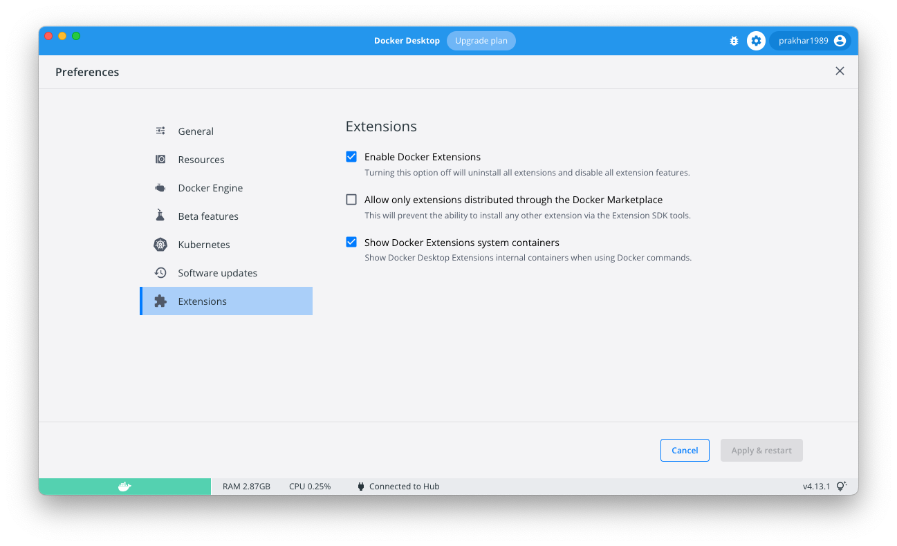 Enable extensions in Docker Desktop.