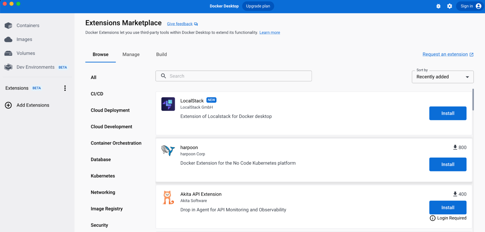 Search the Extensions Marketplace on Docker Desktop for LocalStack.