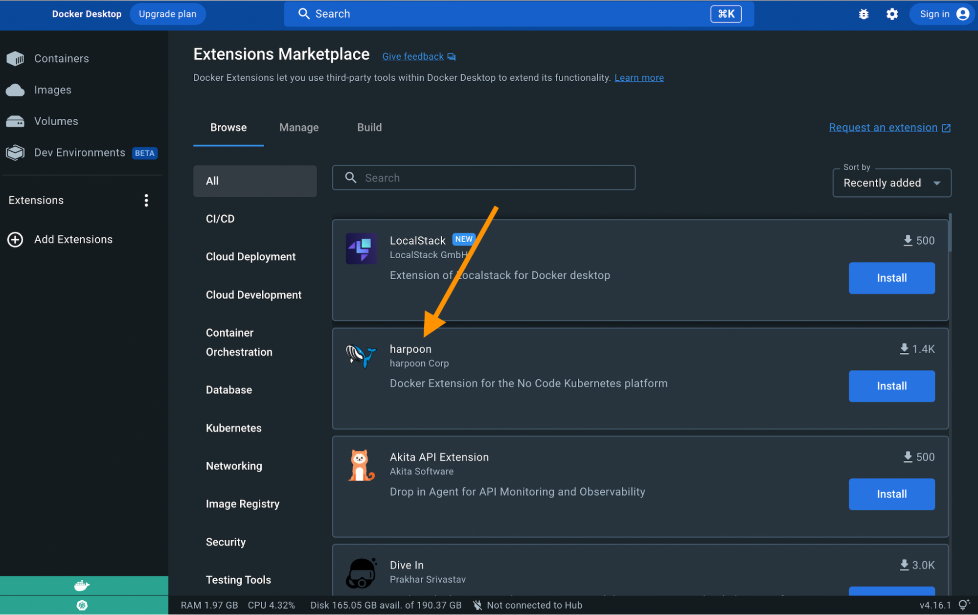 The harpoon Docker Extension on the Extension Marketplace.