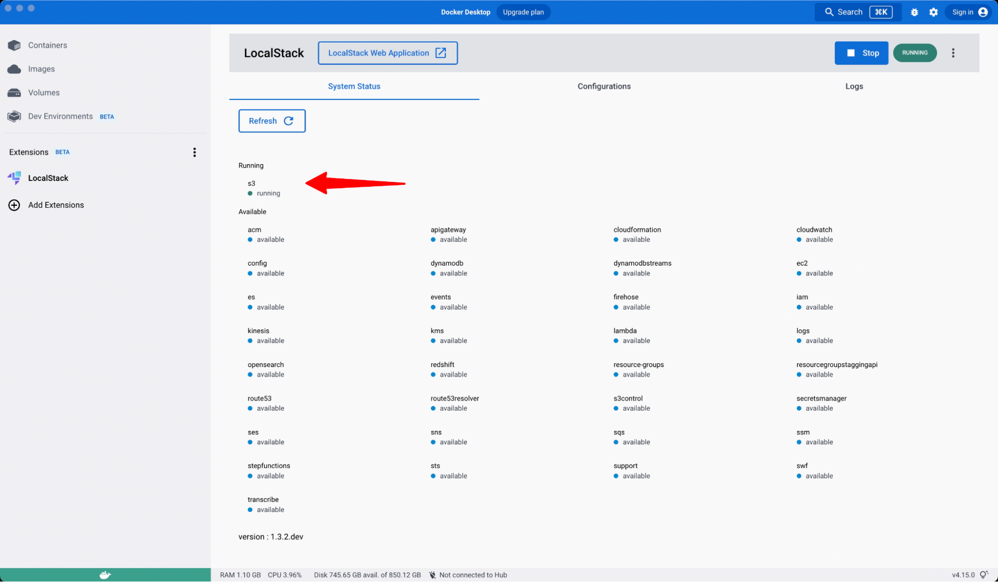 Amazon S3 running on the LocalStack Docker Extension.