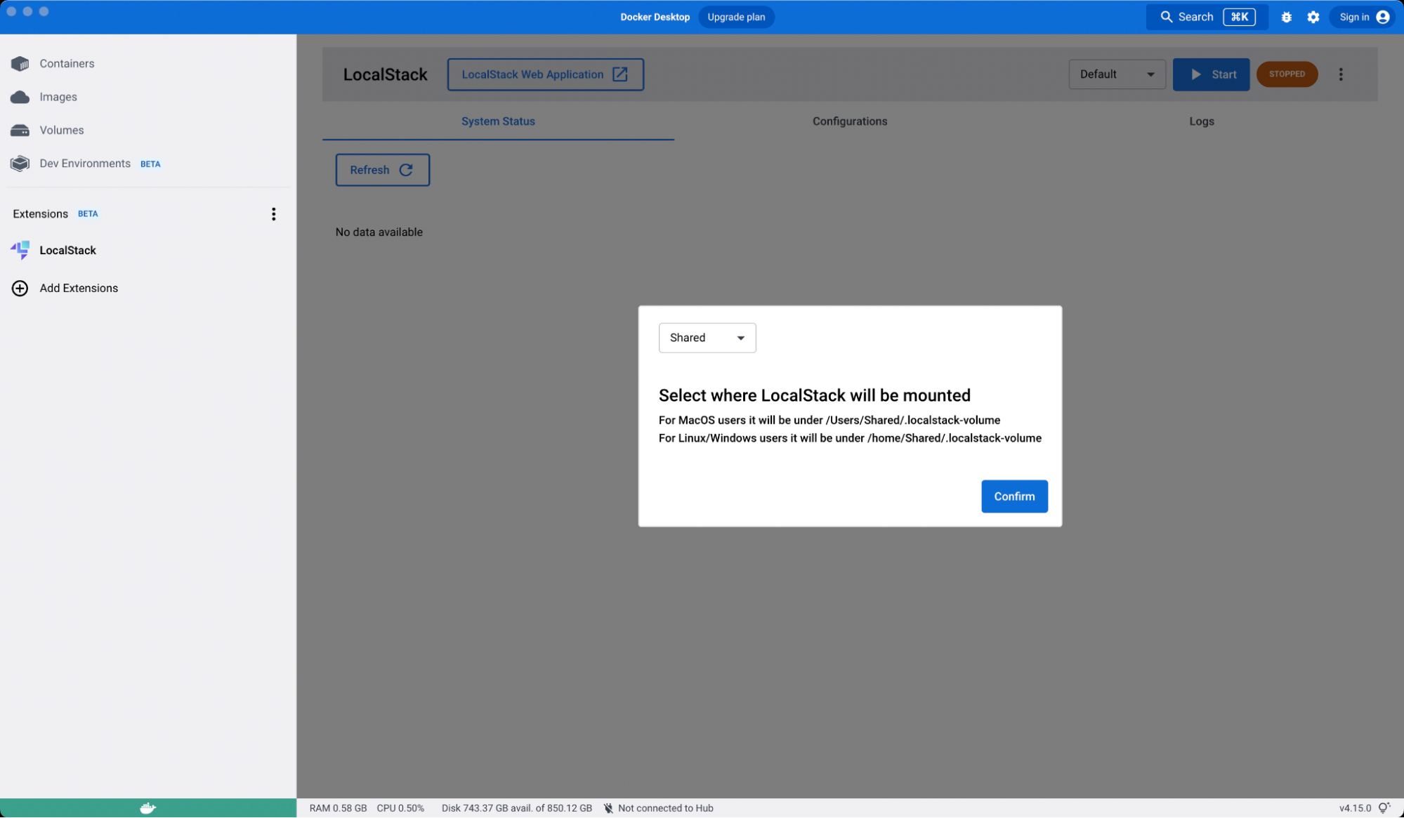 Select where LocalStack will be mounted.