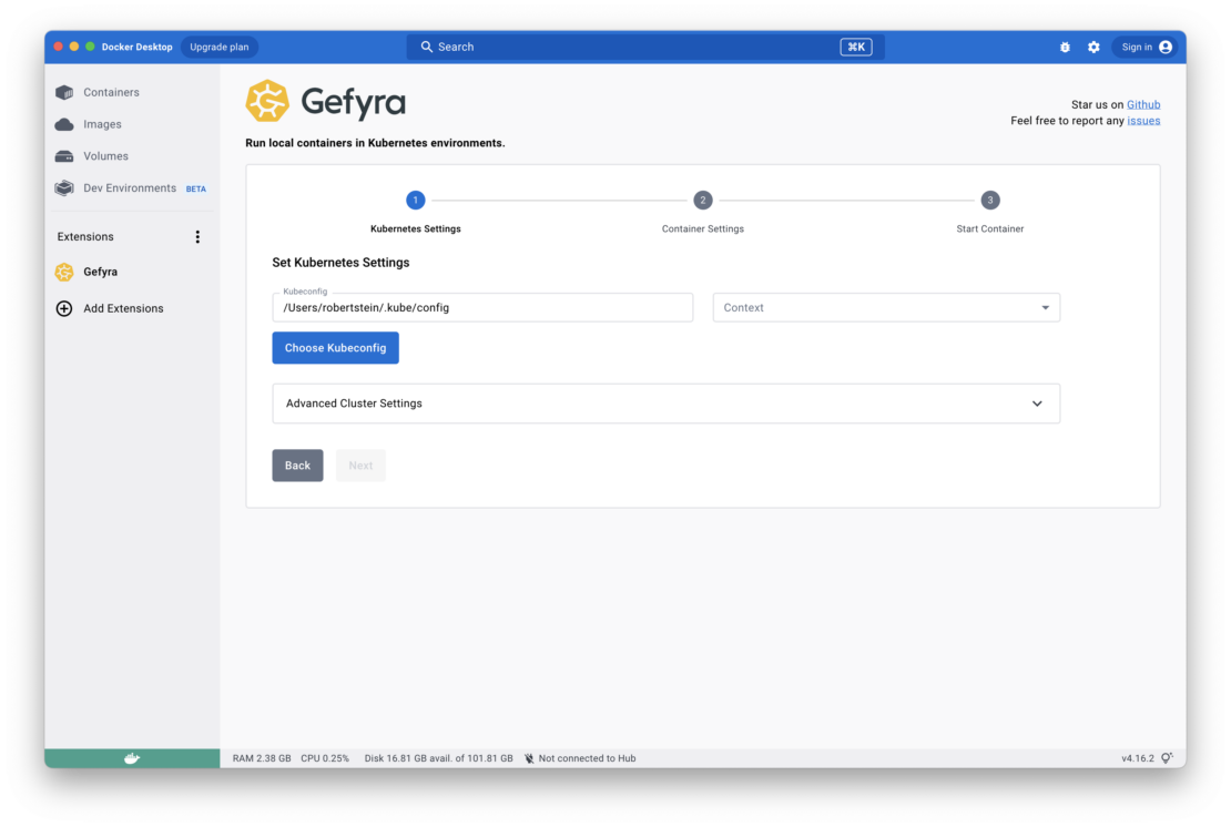 The Gefyra extension setup process in Docker Desktop, including kubernetes settings, container settings, and container start.