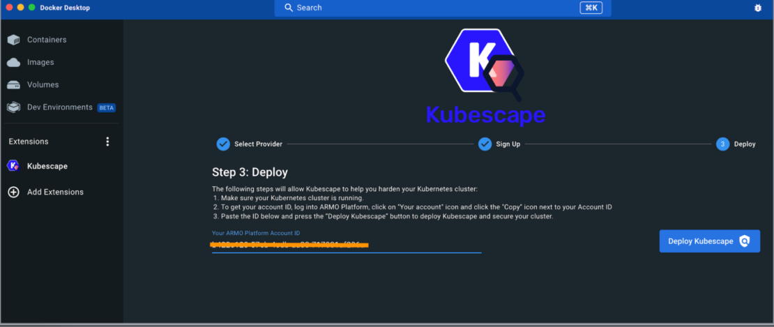 step four register deploy kubescape connect armo account