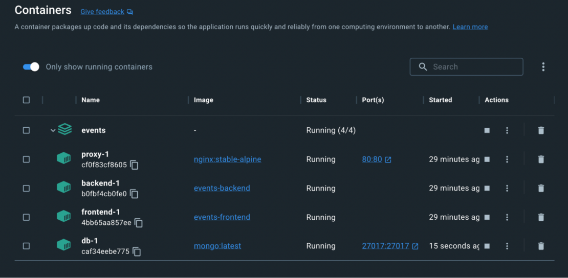 Screenshot of Docker Dashboard showing running containers.