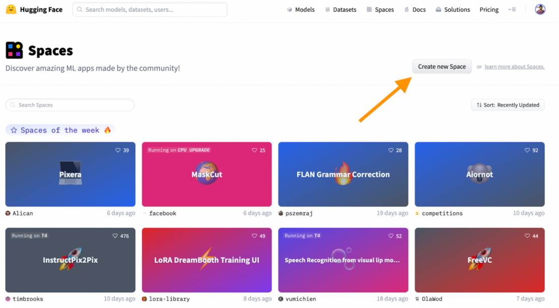 Screenshot of Hugging Face Spaces, showing "Create new Space" button in upper right.