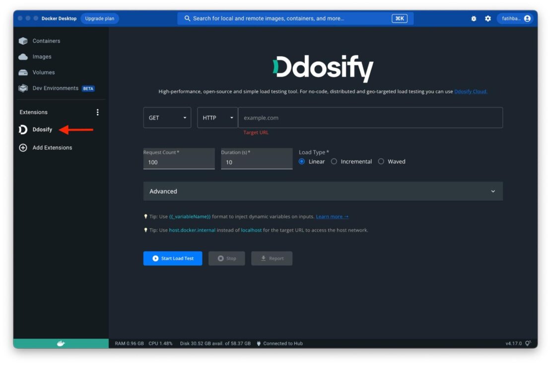 Screenshot showing how to start load testing your application from the Docker Desktop. Start Docker Desktop and click on the Ddosify icon in the Extensions section. The UI of the Ddosify Docker Extension will be opened.