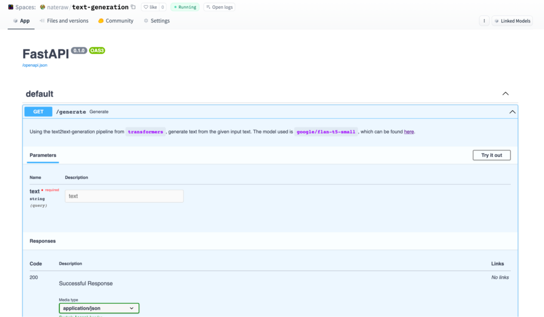 Screenshot of FastAPI showing "Try it out!" option on the right-hand side.