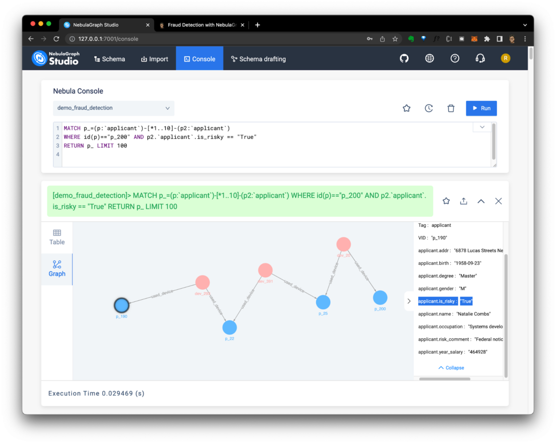 nebula console demo fraud detection graph