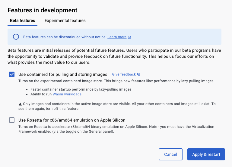 Screenshot of "Features in Development" page with "Use containerd for pulling and storing images" selected. 