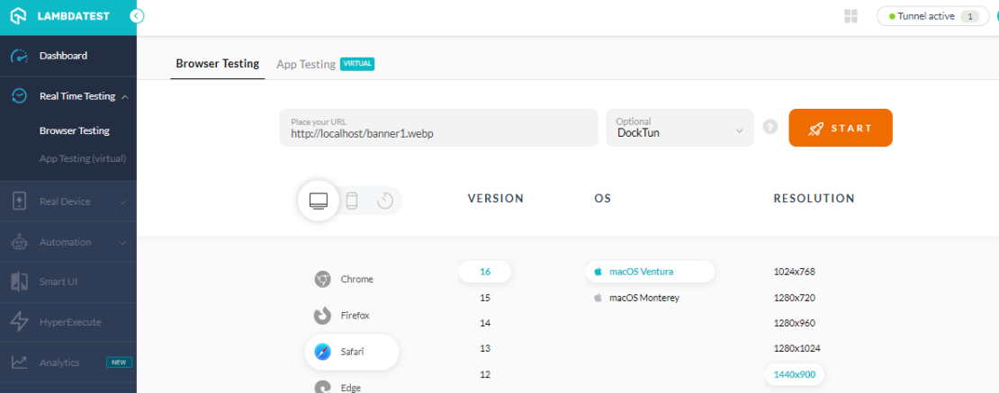 Screenshot of LambdaTest Tunnel page showing browser options to choose from.