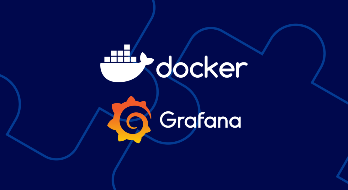 Graphic showing Docker and Grafana logos on dark blue background