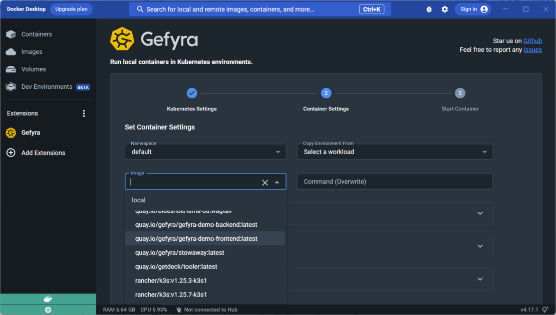 Screenshot of Gefyra interface showing drop-down menu of images.