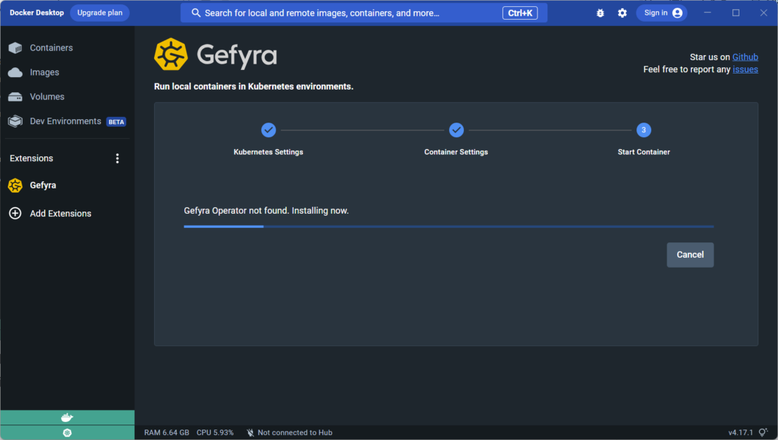 Screenshot of Gefyra interface showing installation progress bar.