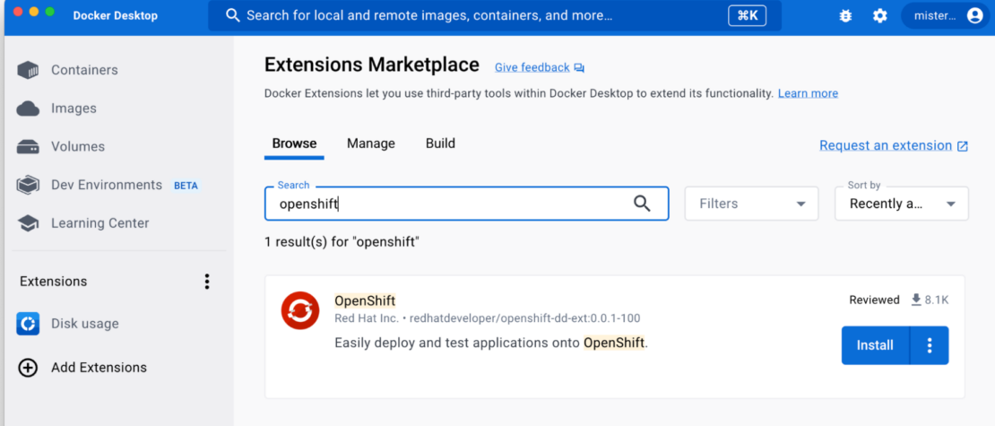 Screenshot of Docker Extensions Marketplace showing search for OpenShift