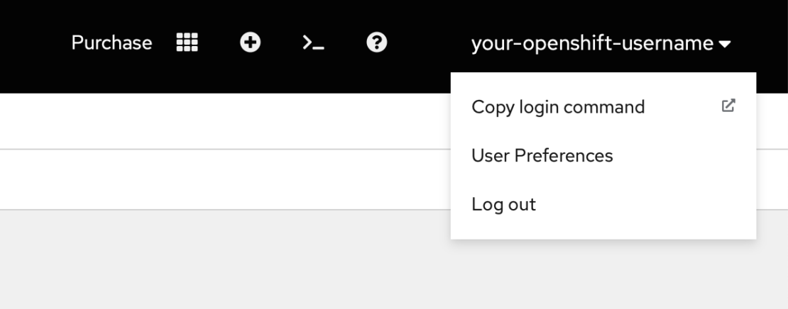 Screenshot of Red Hat OpenShift cluster web console, with “copy login command” selected in the user menu