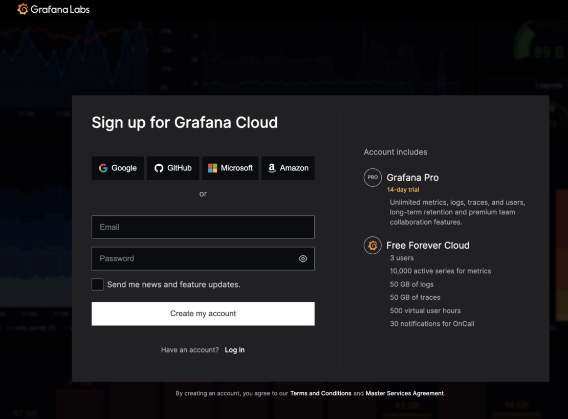  Screenshot of Grafana Cloud sign-up page.